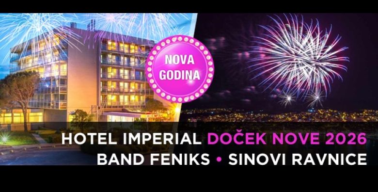 DOCEK NOVE GODINE 2026 u u Hotelu Imperial 3 u Vodicama uz 2 ili 3 nocenja na bazi polupansiona za 2 osobe Zabavite se uz zivu glazbu svecanu veceru te koristenje grijanog bazena i fitnessa  