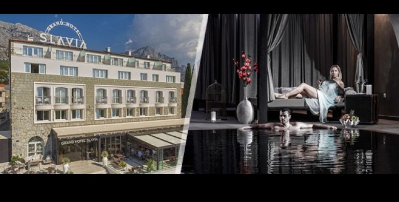 SPICA SEZONE u Baskoj Vodi  Grand Hotel Slavia 4 donosi 4 ili 7 nocenja s DORUCKOM za 2 osobe Ukljucena BOCA VINA u sobi besplatan Wi Fi i WELLNESS: unutarnji bazen sauna jacuzzi fitness 