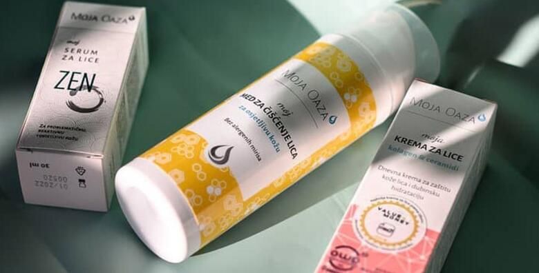 Set za suhu osjetljivu i normalnu kozu lica  med za ciscenje lica zen serum za lice i BESTSELLER krema za lice Kolagen Ceramidi hrvatskog brenda Moja Oaza