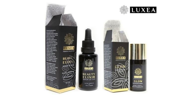 ANTI AGE DUO za dubinsku hidrataciju smanjenje bora i podocnjaka Beauty Elixir serum za lice i Glow okoloocna krema hrvatskog branda Luxea