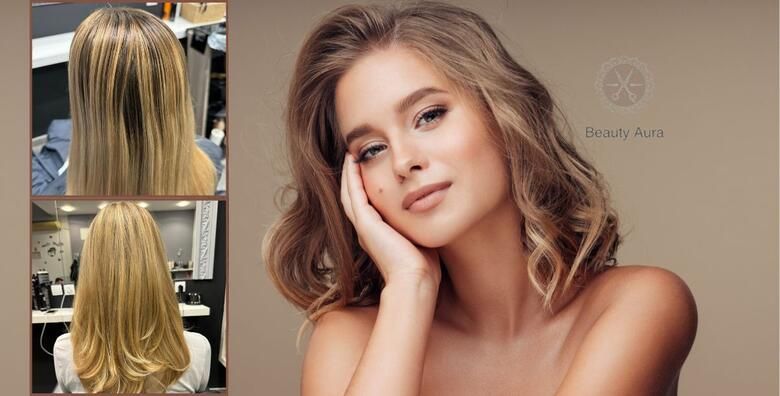 Pramenovi ili nova boja kose te njega Schwarzkopf keratinskom maskom pranjem i fen frizurom u salonu Beauty Aura